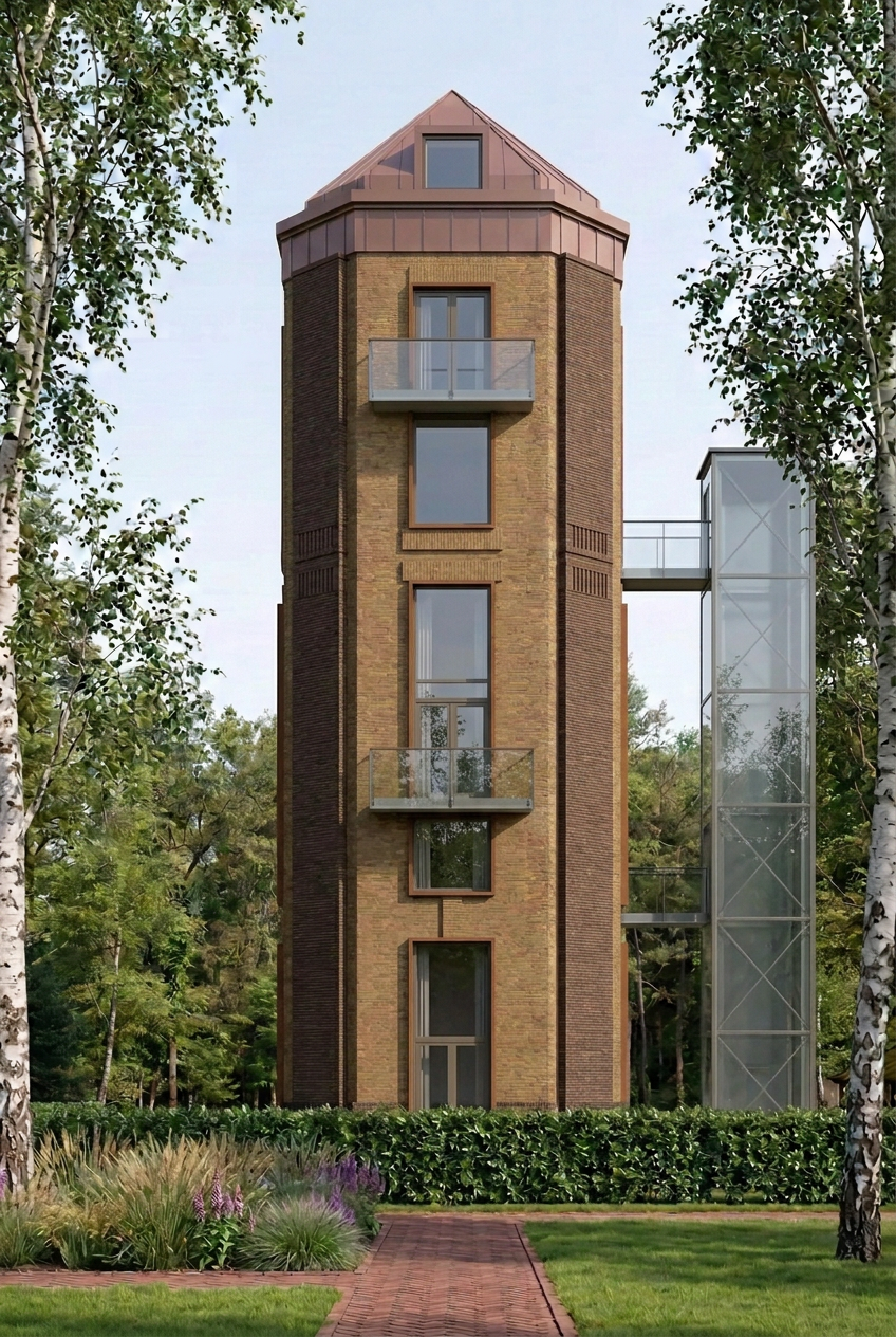 Watertoren — volledige rechtergevel met balkons en glazen lift